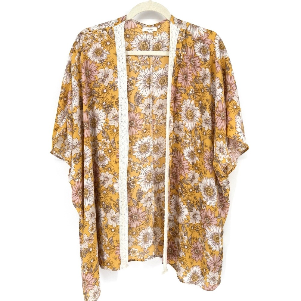 Floral Kimono Blouse Women's OS Mustard Yellow Pink Boho Lightweight Open Front